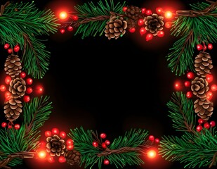 A festive holiday christmas frame decorated with pine branches, pine cones, and bright red berries