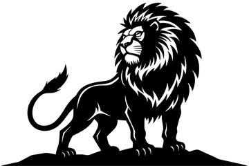 Lion, powerful, muscular, golden brown fur, sharp claws, fierce eyes, majestic mane, standing on a rock.