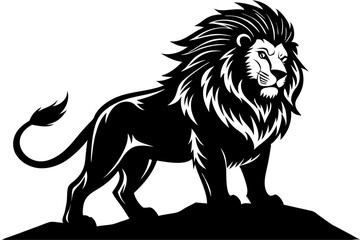 Lion, powerful, muscular, golden brown fur, sharp claws, fierce eyes, majestic mane, standing on a rock.