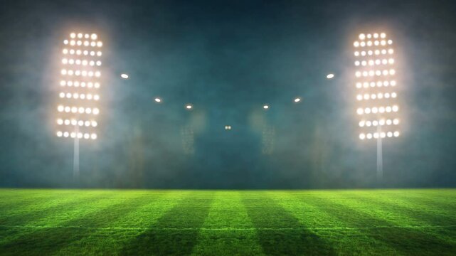 stadium Moving lights, animated flash with people fans. 3d render illustration cloudy sunset	