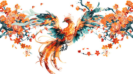 Phoenix Abstract floral background with colorful splashes and swirling shapes, featuring elements inspired by nature and tribal designs, perfect for artistic decoration on white background.