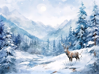 Watercolor painting winter landscape with deer, mountains and forest in blue colors. Nature winter illustration. Watercolor design for Christmas card.