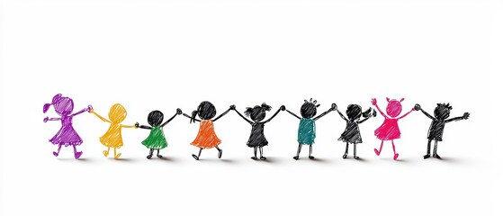 Fototapeta premium Joyful Cartoon Children Holding Hands and Jumping - Cheerful Kids' Drawing on White Background