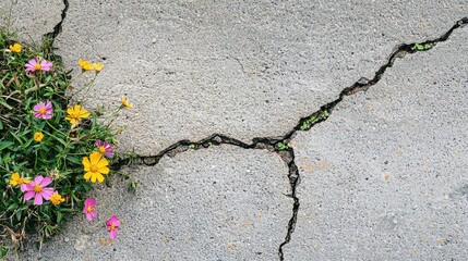 Obraz premium A vibrant cluster of flowers growing through cracks in concrete, symbolizing resilience and the beauty of nature overcoming obstacles.