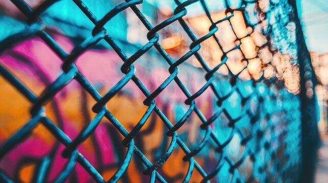 A vibrant close-up of a chain-link fence with colorful graffiti in the background, capturing urban art and texture.