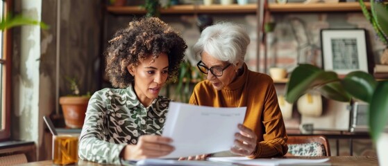 Two women reviewing paperwork at a table. Younger woman in green, older woman in brown. Surrounded by plants, discussing in a serious environment.