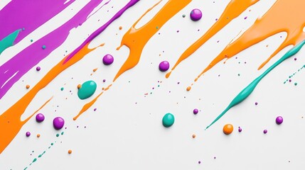 Fototapeta premium Colorful paint splashes and droplets on a white background, showcasing artistic creativity.