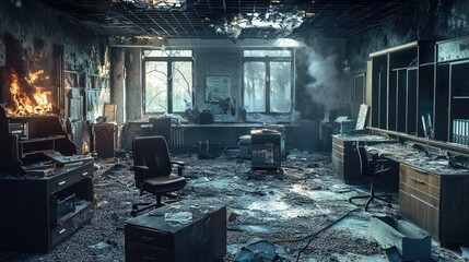 An office interior ravaged by fire, with burnt furniture and smoke still filling the space, capturing the severe damage and destruction caused.