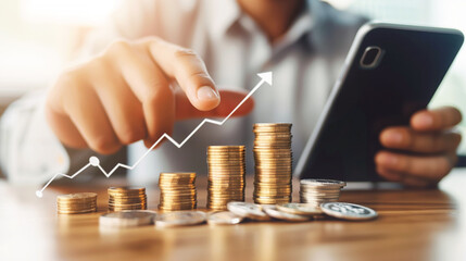 Business growth concept: stacked coins and rising graph with mobile insights