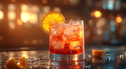 A highball glass is elegantly filled with a vibrant red liquid, capturing the light and reflecting its rich color. The glass showcases the drink’s clarity and the smooth texture of the liquid, making 