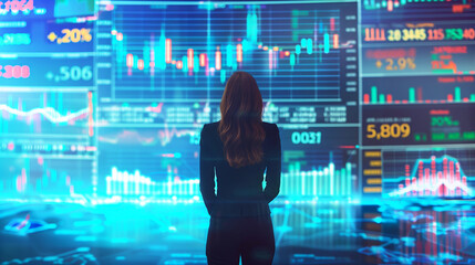 Businesswoman analyzing futuristic financial data with digital charts and analytics