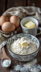 Fototapeta premium Ingredients for homemade baking eggs, flour, butter, and sugar. Rustic style, warm lighting.