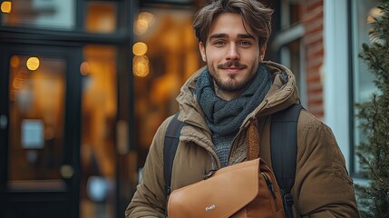 Fototapeta premium young hipster man with bag entering front door when coming back home