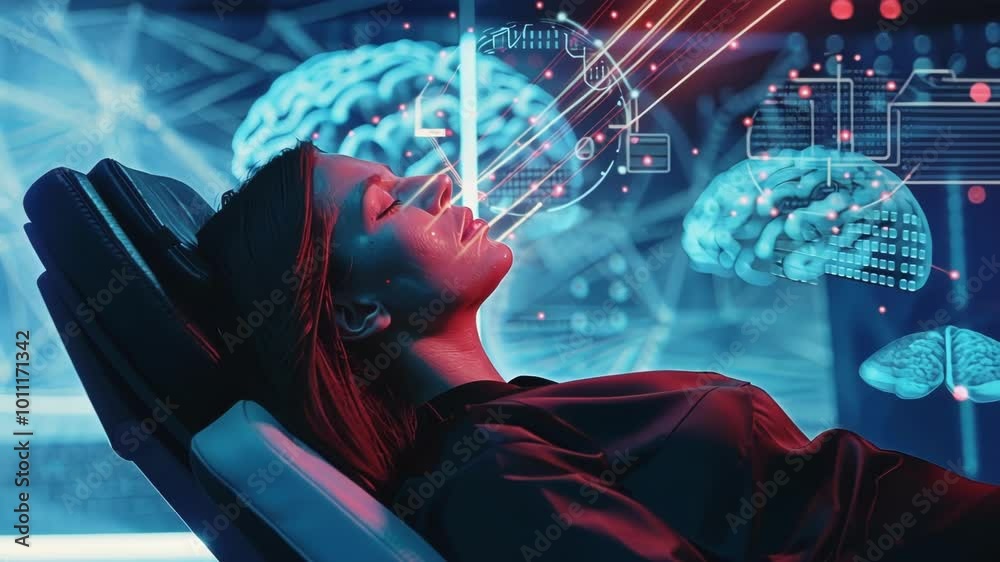 Poster scientist is undergoing a brain enhancement procedure using advanced neurotechnology, with digital b