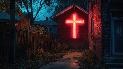 A vibrant scene featuring a neon cross illuminating a gloomy backyard, evoking a sense of mystery and spiritual allure at night.
