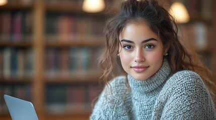 young student or businesswoman sitting on desk in room in library or office using laptop