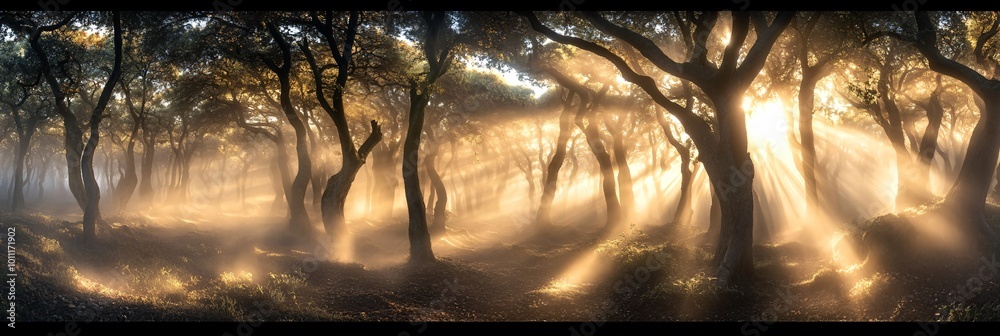 Wall mural sunlight streams through the trees in a foggy forest.