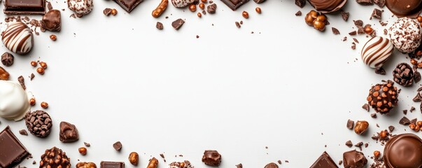 Frame of assorted chocolate candies on white background