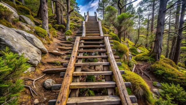Scenic Wooden Ladder on Trail in Mount Ostas Reserve, Table Mountains - Nature Adventure and Hiking Experience