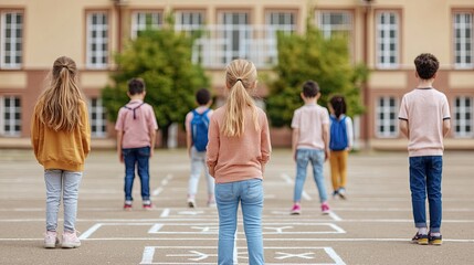 Obraz premium A group of children stands in a schoolyard, facing away from the camera, ready to play or participate in an activity.