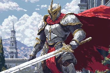 Naklejka premium pixelated hero stands confidently with golden sword and silver armor, draped in flowing red cape. majestic background features castle and mountains, evoking sense of adventure and valor