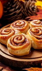 Fototapeta premium Cinnamon rolls with pinecones and autumn decorations