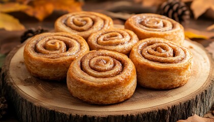 Cinnamon rolls on rustic wooden stand with autumn leaves