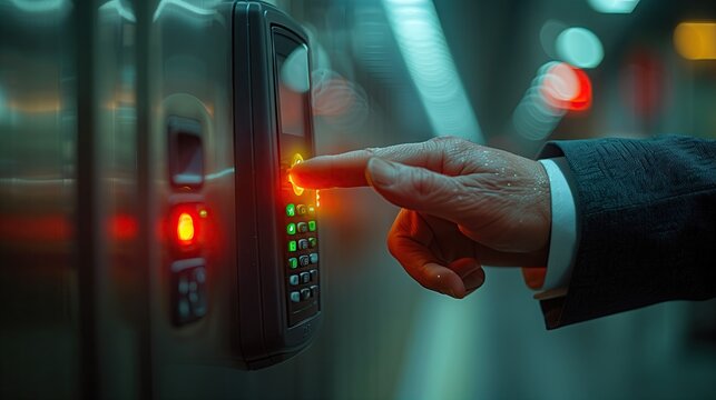 Close-up of businessman's hand using card scanner to enter or exit modern office work area. Electronic card reader for security.