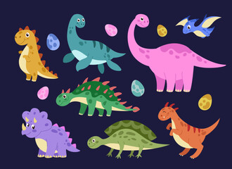 Dinosaur cute. Cartoon dino with eggs, Triceratops, Pterodactyl and Tyrannosaurus. Kid animal reptile. Childish predator prehistoric. Nursery childish decorative stickers set. Vector tidy illustration