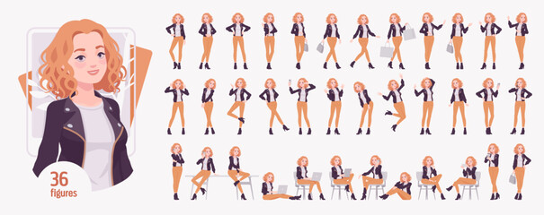 Pretty curly young trendy woman in urban autumn jacket, attractive girl character set, active life bundle. Confident active female poses, emotions, mood, busy workspace situations. Vector illustration
