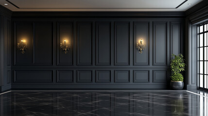 Classic luxury black empty interior with black wall molding panels and wooden floor. Modern dark background. 