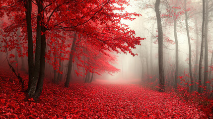 misty forest landscape features vibrant red trees and carpet of red leaves, creating serene and enchanting atmosphere. fog adds mystical touch to this beautiful scene