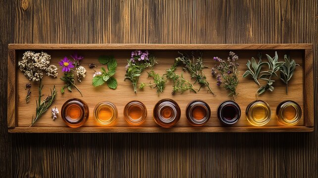 Aesthetic arrangement of medicinal herbs and various tea blends on a wooden tray, ideal for wellness or herbal tea concepts.