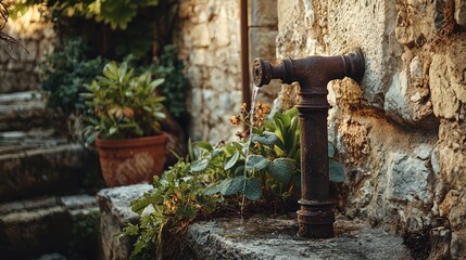 An aged pipe beside a stone wall, adorned with green plants, showcasing rustic charm in a tranquil outdoor setting.