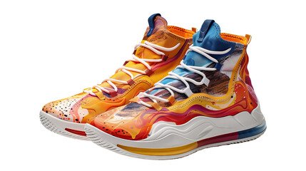 Colorful patterned basketball shoes on a transparent background.