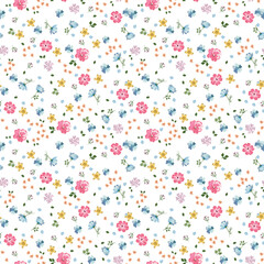 Seamless floral pattern, liberty ditsy print with drawing plants in folk style. Cute botanical design: hand drawn small colorful flowers, tiny leaves, simple bouquets on a white background. Vector.