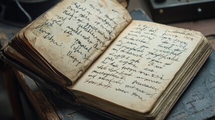 Obraz premium An antique book with handwritten notes, showcasing vintage pages and a rich history, perfect for education and literary themes.