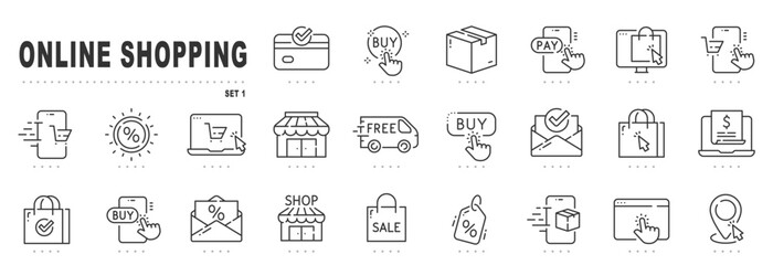 Set of online shopping related line icons. Commerce, payment, buy, shop, delivery, cart etc. Editable stroke.