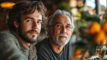 an adult hipster son ,frustrated senior father indoors at home eating light lunch
