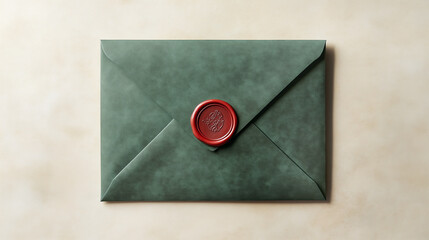Elegant green envelope with red wax seal on parchment background