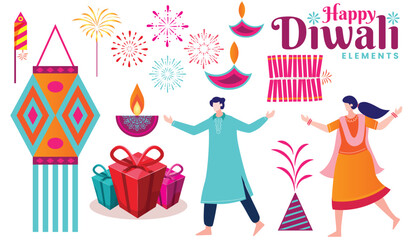  Festive Diwali Elements Featuring Firecrackers, Diyas, Gifts, and Dancing Figures in Colorful Design