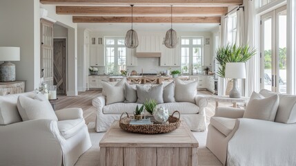 Casual living family room with a coastal design. The space includes soft neutral wood beams and fabric chairs around a striking coffee table, creating a fresh and inviting atmosphere.