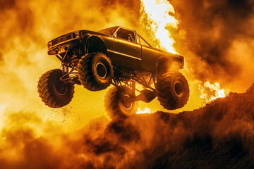 a damaged Monster Truck jumping from a ramp  through a wall of fire in a arena