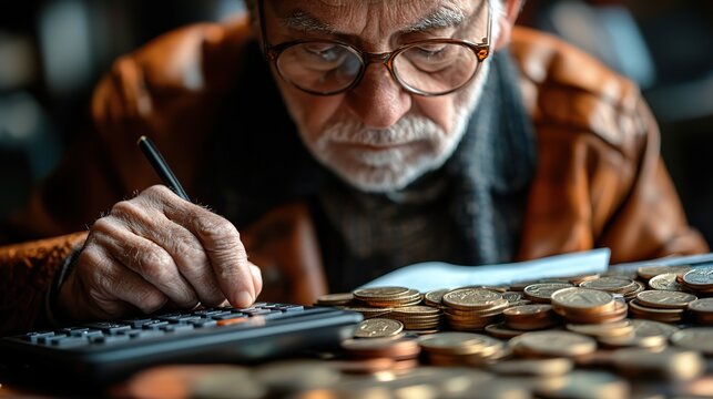 an elderly man using calculator with coins ,documents symbolizing the concept of pension calculator - Powered by Adobe