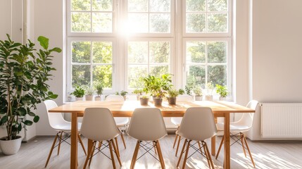 Bright and airy dining room with sunlight streaming through large windows, featuring a wooden table and potted plants.
