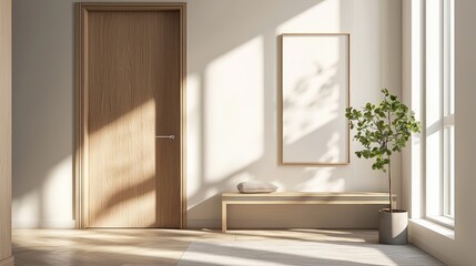 Fototapeta premium Bright and airy interior featuring a wooden door, minimalistic bench, and a potted plant, accented by soft natural light.