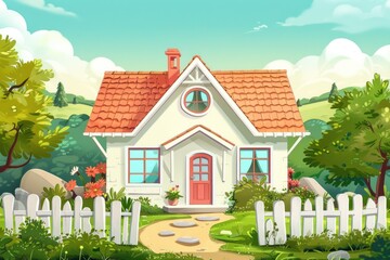 Cartoon House. Cute Bungalow Home in the Country with Front Yard View