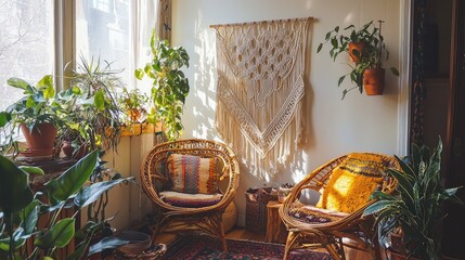 Bright and cozy living space with rattan chairs, vibrant plants, and a macrame wall hanging, perfect for relaxation and comfort.