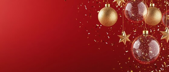 Christmas New Year background with decorative ornament hanging on a ribbon and gold glitter confetti around it. Festive Xmas composition with decoration bauble. Banner web poster, header for website.