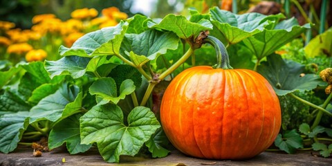 Vibrant Citrouille Plante Growing in Garden with Lush Green Leaves and Bright Orange Pumpkin for Fall Harvest